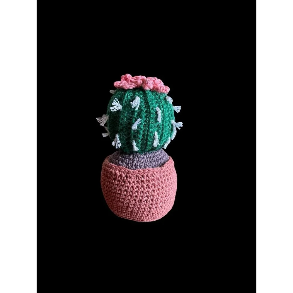 Handmade Crochet Ball Cactus with Pink Flowers Decorative Crocheted Plant Spikes